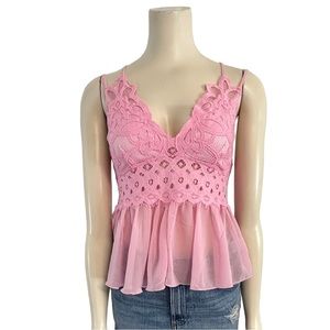 Love Tree Pink Lace‎ Peplum Hem Baby Doll Cami Top Womens Large NEW